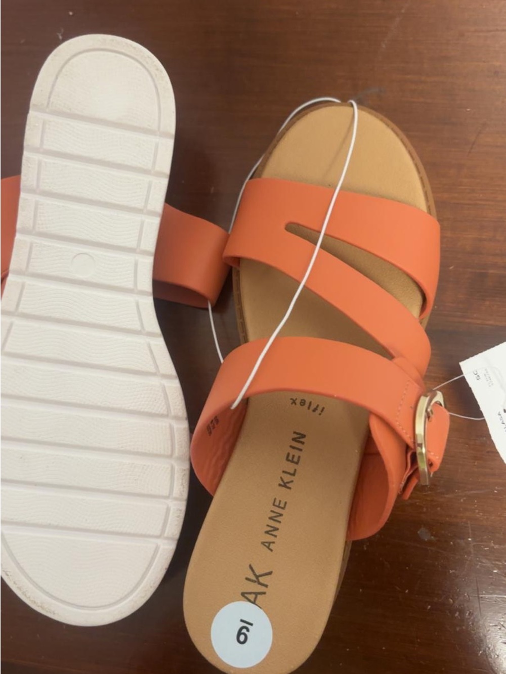 Anne Klein Orange Triple-Strap Slide Sandal with Gold Buckle